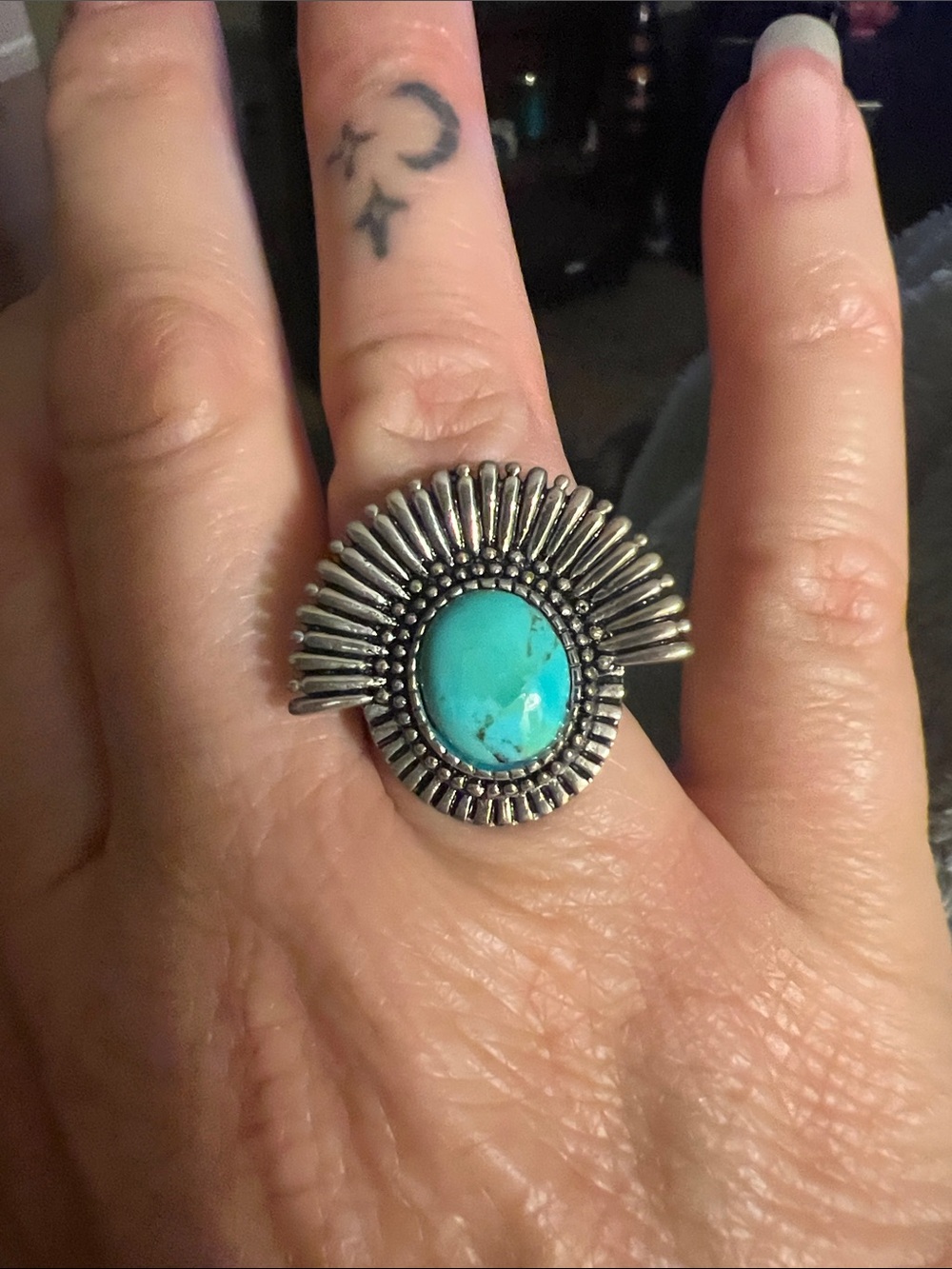 Turquoise Oval Sunburst Ring - silver Women’s Statement Jewelry Sz 8